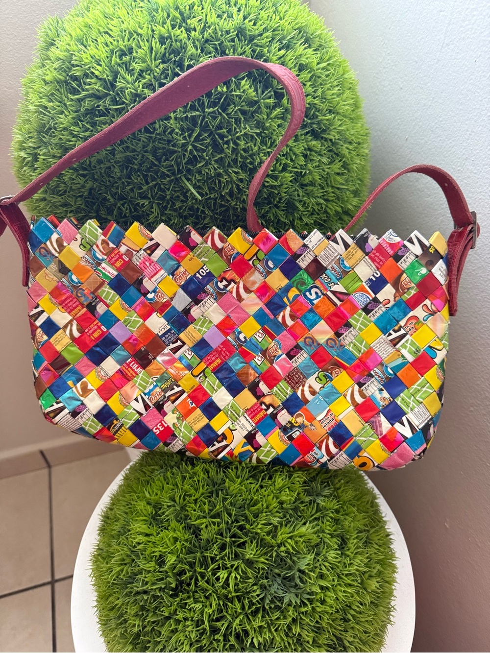 Nahui Ollin Multicolor Woven Shoulder Bag with Burgundy Strap